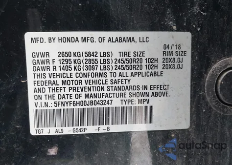 2018 Honda Pilot Elite from USA, damaged, VIN 5FNYF6H00JB043247